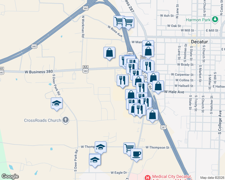map of restaurants, bars, coffee shops, grocery stores, and more near 800 S U.S. 287 in Decatur
