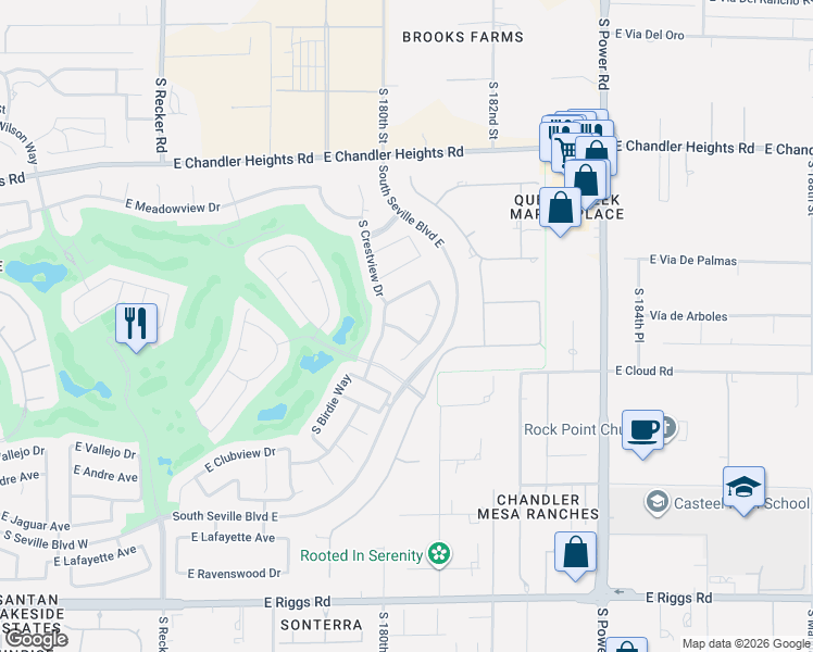 map of restaurants, bars, coffee shops, grocery stores, and more near 6733 South Seneca Way in Gilbert