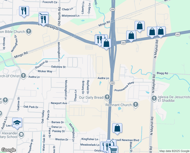 map of restaurants, bars, coffee shops, grocery stores, and more near 1124 Bayfield Drive in Denton
