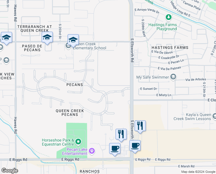 map of restaurants, bars, coffee shops, grocery stores, and more near 20646 Sunset Drive in Queen Creek