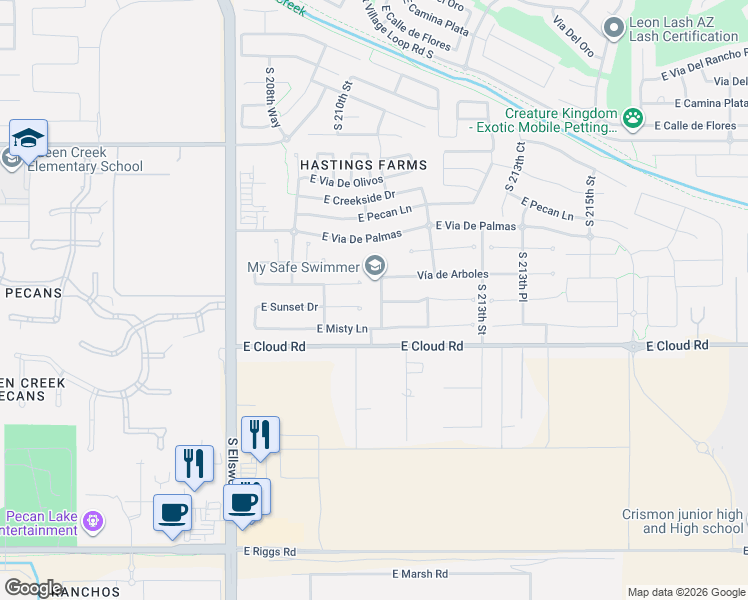 map of restaurants, bars, coffee shops, grocery stores, and more near 24284 211th Street in Queen Creek
