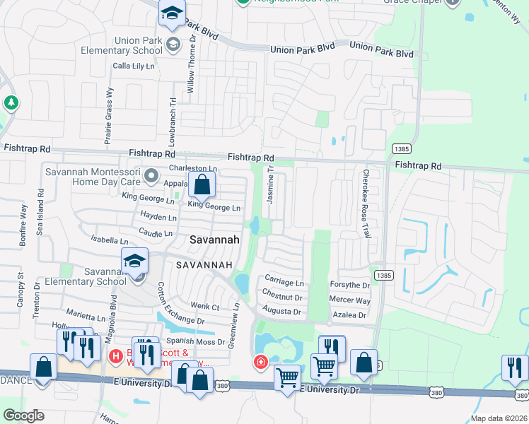 map of restaurants, bars, coffee shops, grocery stores, and more near 1601 Jasmine Tr in Denton County