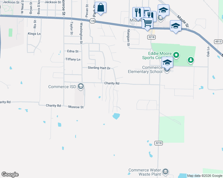 map of restaurants, bars, coffee shops, grocery stores, and more near 3017 Arapaho Road in Commerce