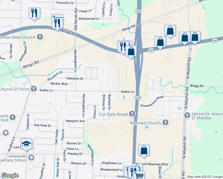 map of restaurants, bars, coffee shops, grocery stores, and more near 1200 Bayfield Drive in Denton