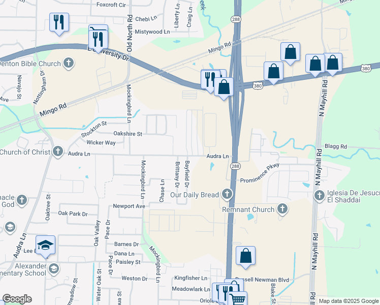 map of restaurants, bars, coffee shops, grocery stores, and more near 1200 Bayfield Street in Denton