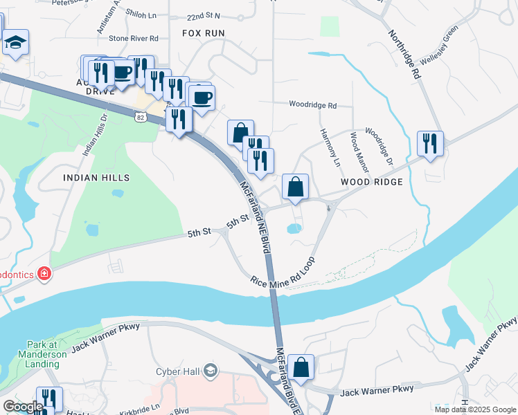 map of restaurants, bars, coffee shops, grocery stores, and more near McFarland Blvd NE & Rice Mine Rd in Tuscaloosa