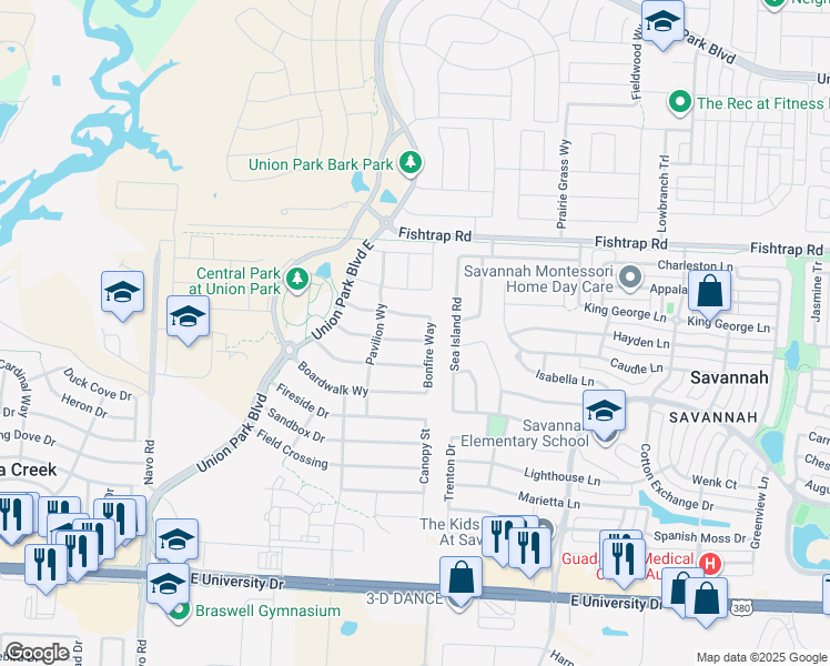 map of restaurants, bars, coffee shops, grocery stores, and more near 828 Patio Street in Aubrey