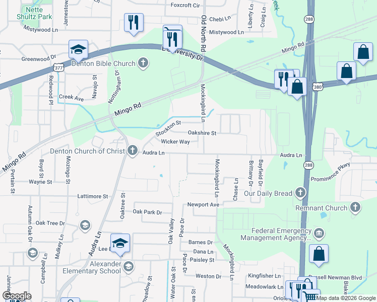 map of restaurants, bars, coffee shops, grocery stores, and more near 1200 Telese Court in Denton