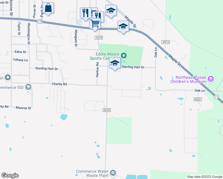 map of restaurants, bars, coffee shops, grocery stores, and more near Farm to Market Road 3218 in Commerce