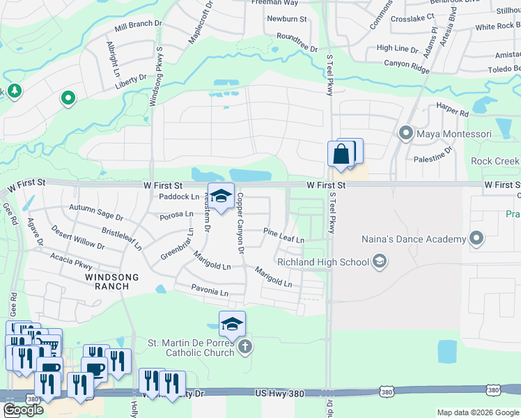 map of restaurants, bars, coffee shops, grocery stores, and more near 3961 Prairie Clover Lane in Prosper