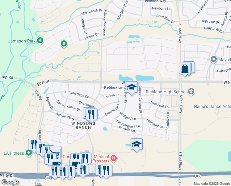 map of restaurants, bars, coffee shops, grocery stores, and more near 4221 Porosa Lane in Prosper