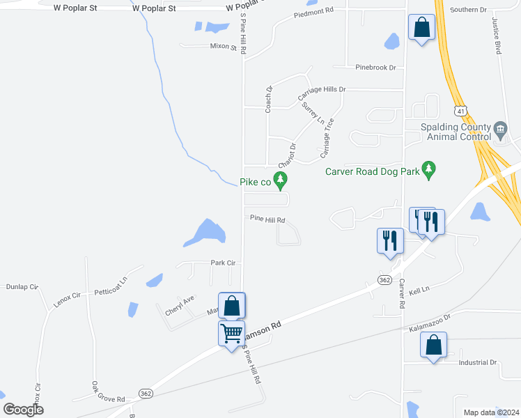 map of restaurants, bars, coffee shops, grocery stores, and more near 1849 Carrington Drive in Griffin