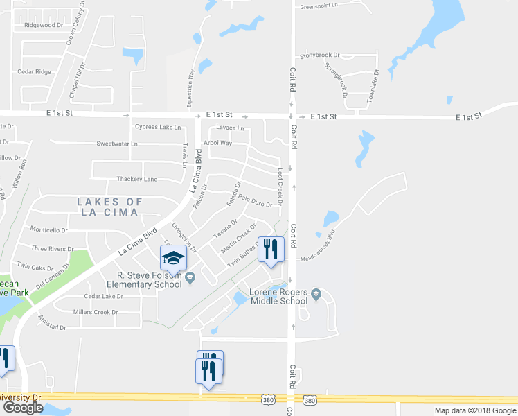 map of restaurants, bars, coffee shops, grocery stores, and more near 2260 Palo Duro Drive in Prosper