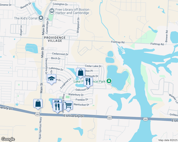 map of restaurants, bars, coffee shops, grocery stores, and more near 1360 Kingston Place in Aubrey