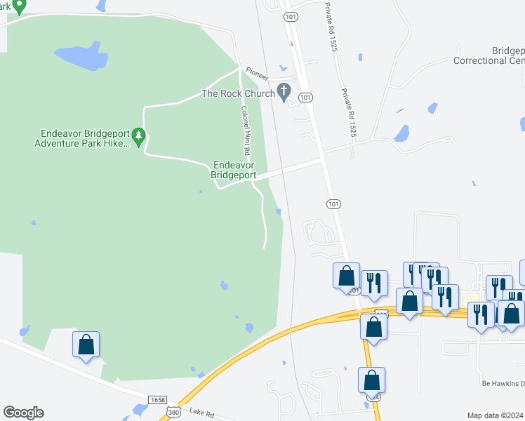 map of restaurants, bars, coffee shops, grocery stores, and more near Private Road 1532 in Bridgeport