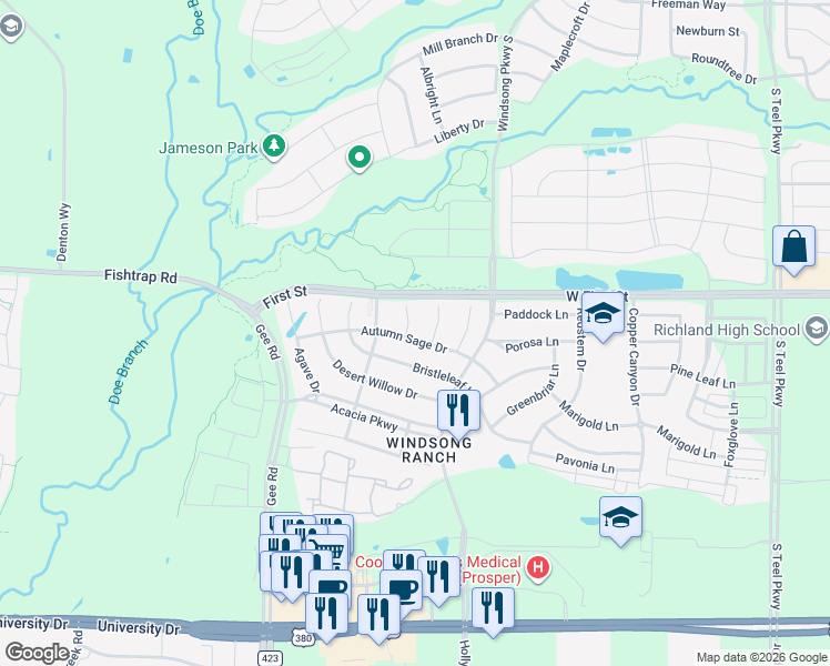 map of restaurants, bars, coffee shops, grocery stores, and more near 4461 Autumn Sage Drive in Prosper