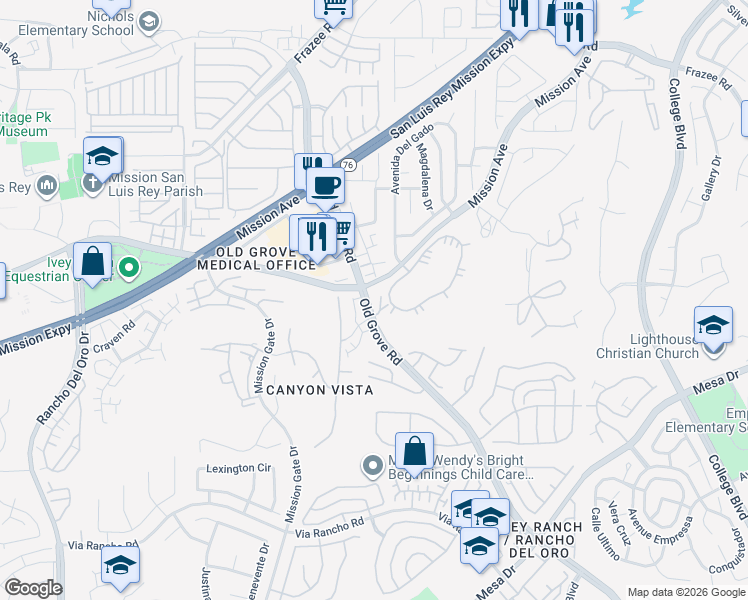 map of restaurants, bars, coffee shops, grocery stores, and more near 202 Via Pelicano in Oceanside