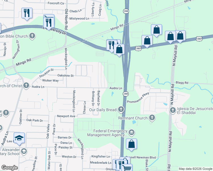 map of restaurants, bars, coffee shops, grocery stores, and more near 1124 Bayfield Drive in Denton