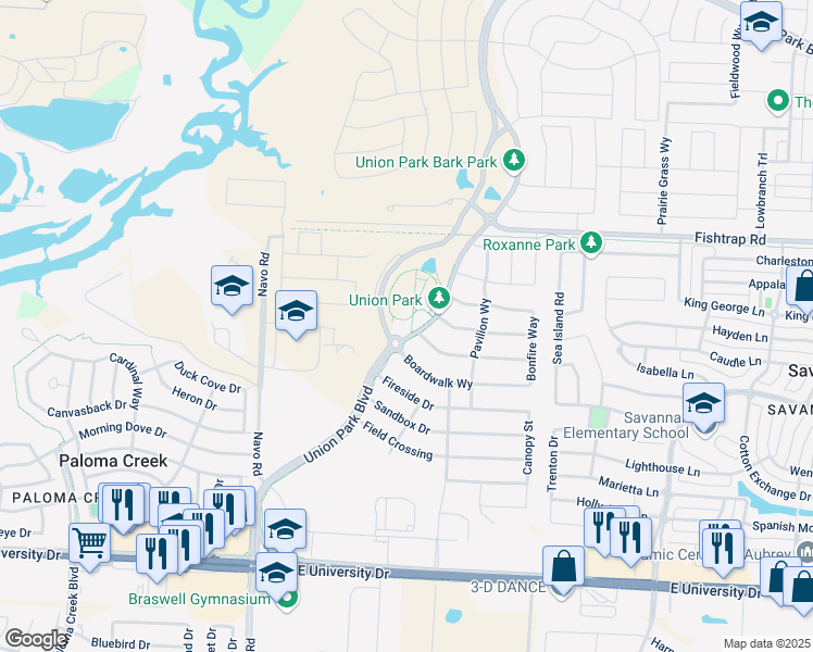 map of restaurants, bars, coffee shops, grocery stores, and more near 4795 Union Park Boulevard in Aubrey