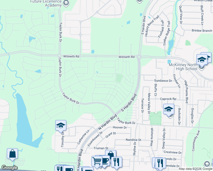 map of restaurants, bars, coffee shops, grocery stores, and more near Hardin Boulevard in McKinney