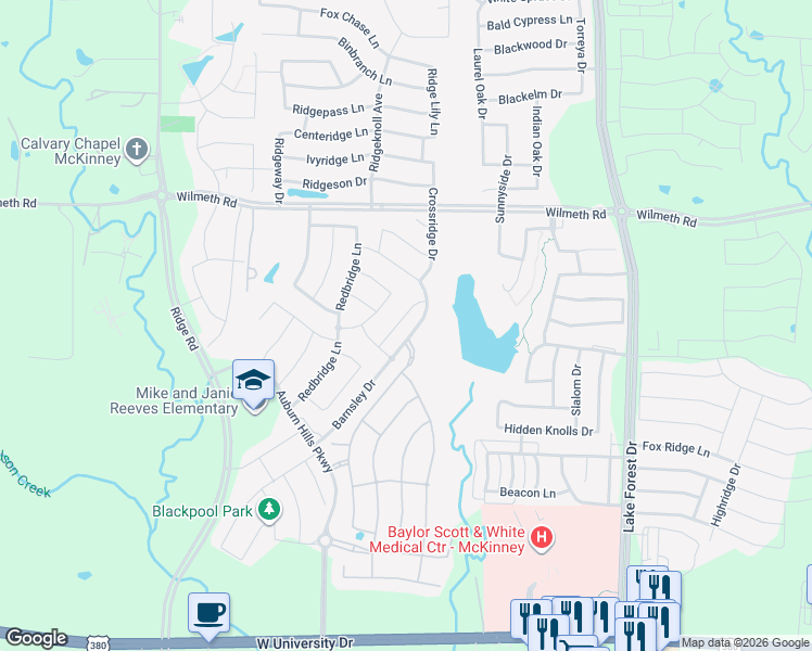 map of restaurants, bars, coffee shops, grocery stores, and more near 2604 Strand Lane in McKinney