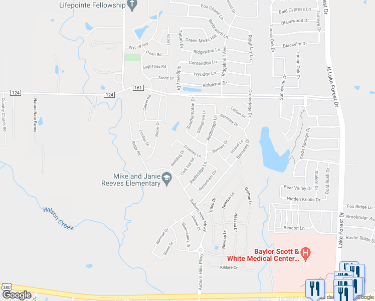 map of restaurants, bars, coffee shops, grocery stores, and more near 2516 Cork Hill Drive in McKinney