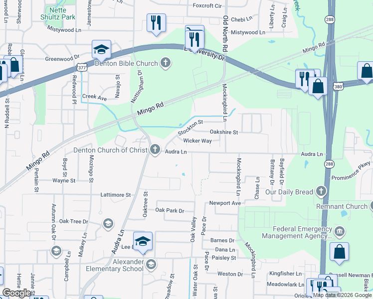 map of restaurants, bars, coffee shops, grocery stores, and more near 1528 Audra Lane in Denton