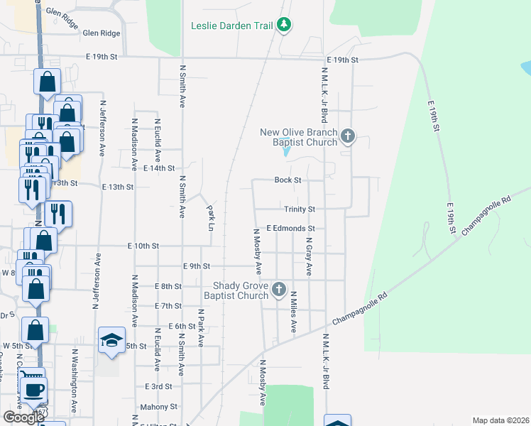 map of restaurants, bars, coffee shops, grocery stores, and more near 1101-1199 East Edmonds Street in El Dorado