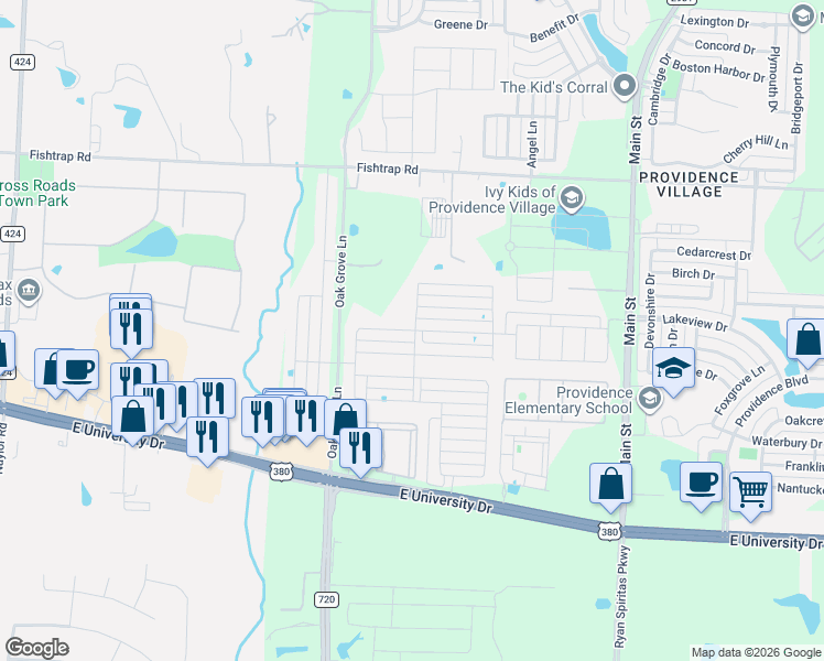 map of restaurants, bars, coffee shops, grocery stores, and more near 2409 Larimar Drive in Aubrey