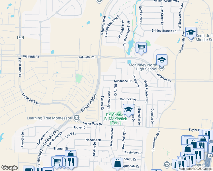 map of restaurants, bars, coffee shops, grocery stores, and more near 2812 Duskview Drive in McKinney