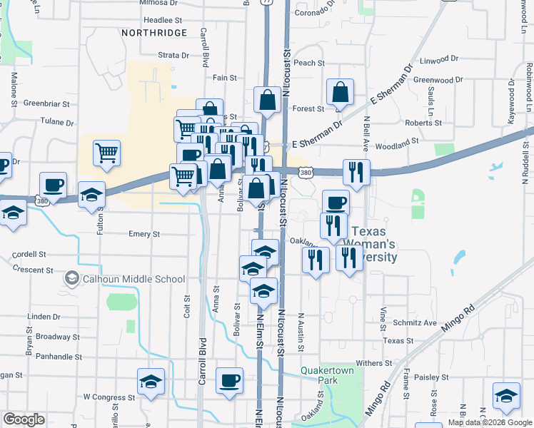 map of restaurants, bars, coffee shops, grocery stores, and more near 1605 North Locust Street in Denton