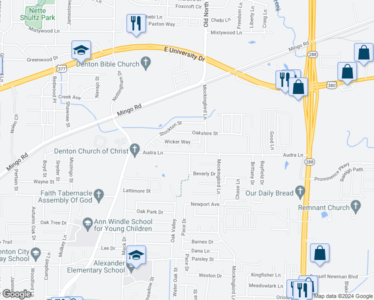 map of restaurants, bars, coffee shops, grocery stores, and more near 1201 Telese Court in Denton