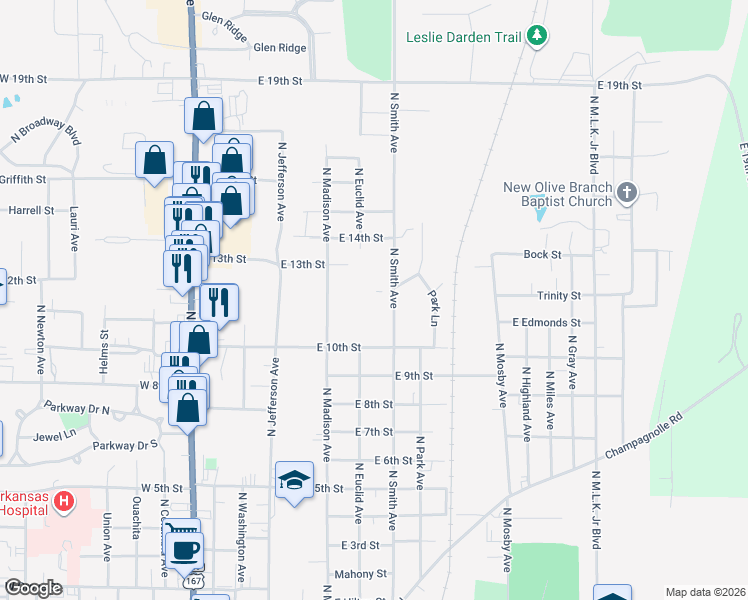 map of restaurants, bars, coffee shops, grocery stores, and more near 1612 Calion Road in El Dorado