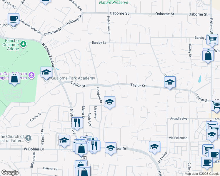 map of restaurants, bars, coffee shops, grocery stores, and more near 301 Taylor Street in Vista