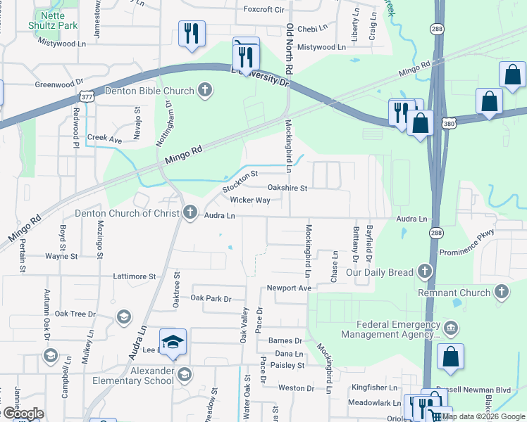 map of restaurants, bars, coffee shops, grocery stores, and more near 1201 Telese Court in Denton