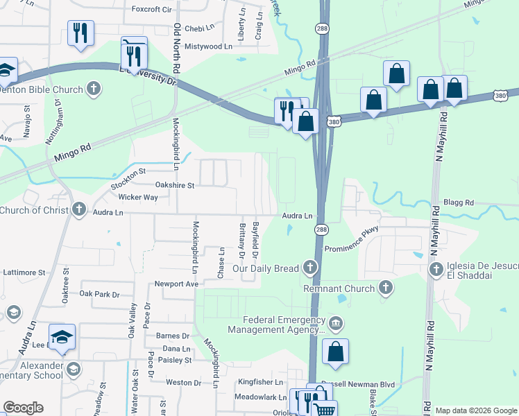 map of restaurants, bars, coffee shops, grocery stores, and more near 1204 Bayfield Drive in Denton