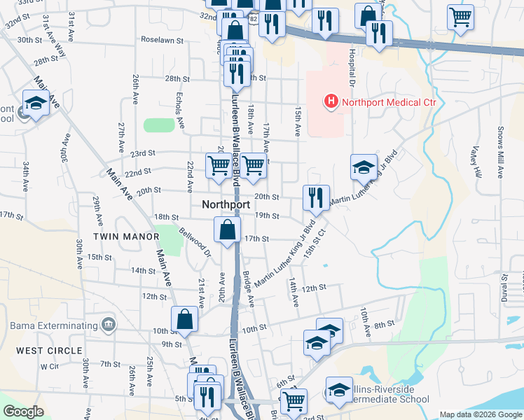 map of restaurants, bars, coffee shops, grocery stores, and more near 1707 19th St in Northport