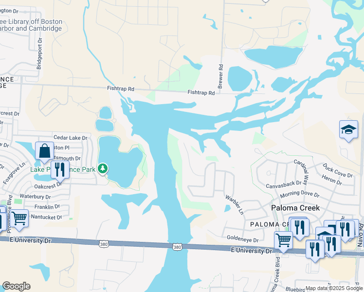 map of restaurants, bars, coffee shops, grocery stores, and more near 1225 Golden Eagle Court in Aubrey