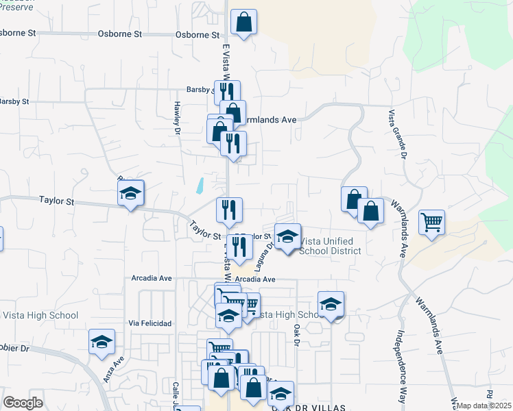 map of restaurants, bars, coffee shops, grocery stores, and more near 1160 Larkhill Drive in Vista