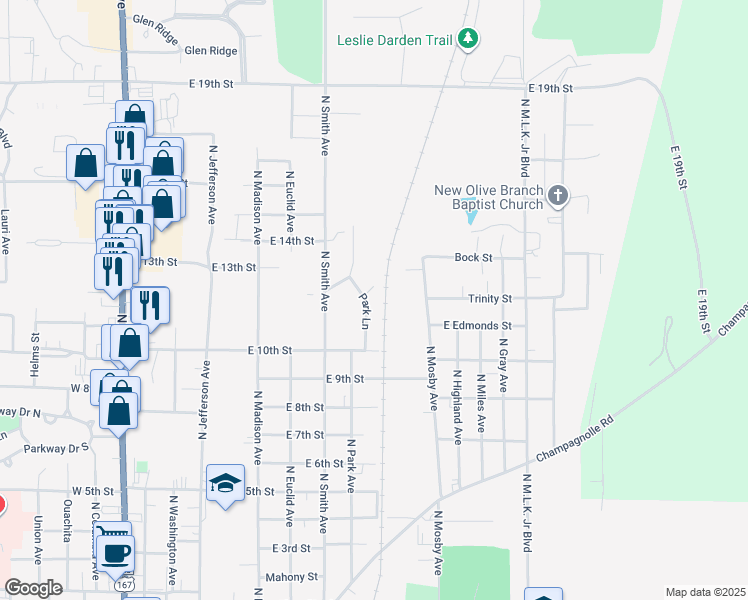 map of restaurants, bars, coffee shops, grocery stores, and more near 105 Bodenhamer Circle in El Dorado