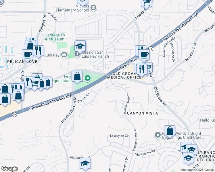 map of restaurants, bars, coffee shops, grocery stores, and more near 4205 Poquito Way in Oceanside