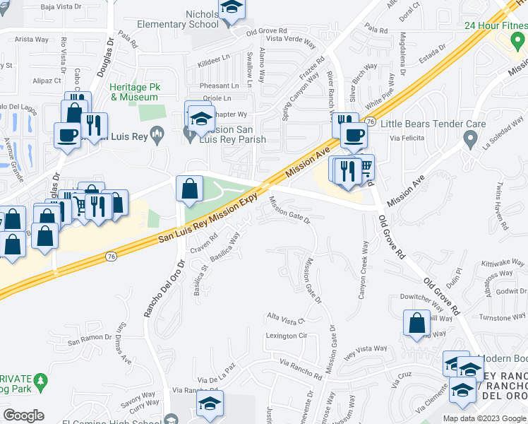 map of restaurants, bars, coffee shops, grocery stores, and more near in Oceanside
