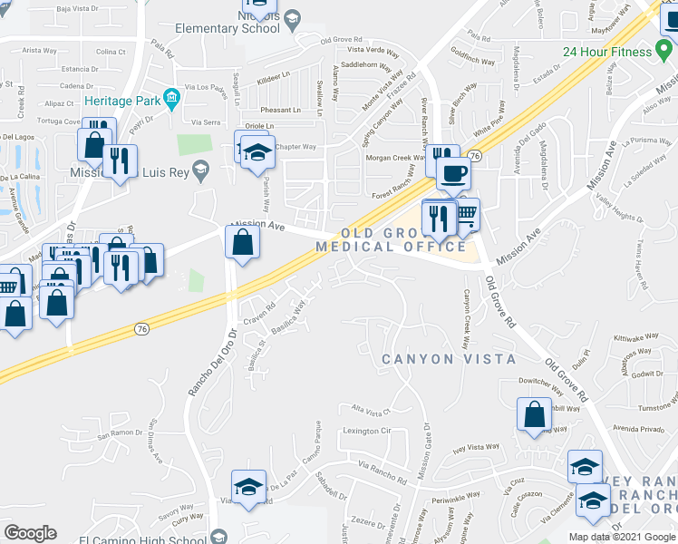 map of restaurants, bars, coffee shops, grocery stores, and more near 4213 La Casita Way in Oceanside