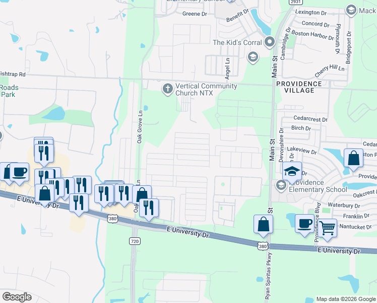 map of restaurants, bars, coffee shops, grocery stores, and more near 2345 Pyrite Drive in Aubrey