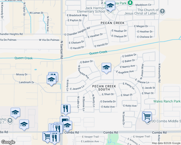 map of restaurants, bars, coffee shops, grocery stores, and more near 38581 North Dave Street in Queen Creek