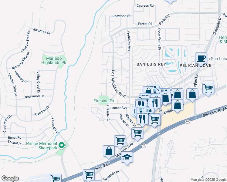 map of restaurants, bars, coffee shops, grocery stores, and more near 405 Los Arbolitos Boulevard in Oceanside