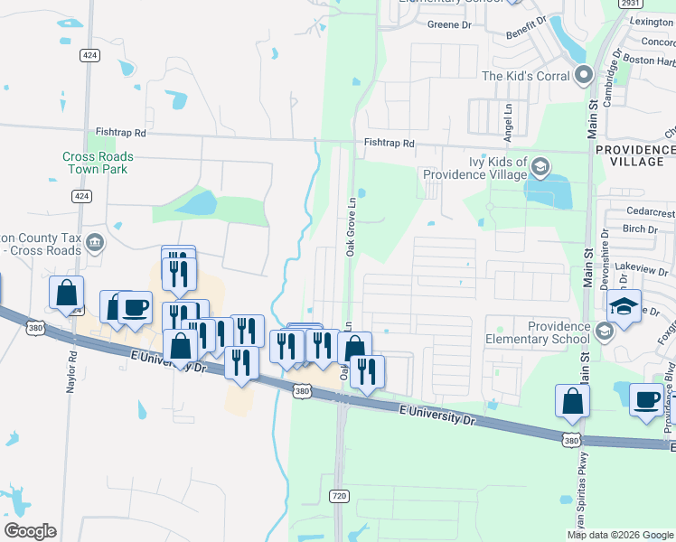 map of restaurants, bars, coffee shops, grocery stores, and more near 1645 Alamandine Avenue in Aubrey