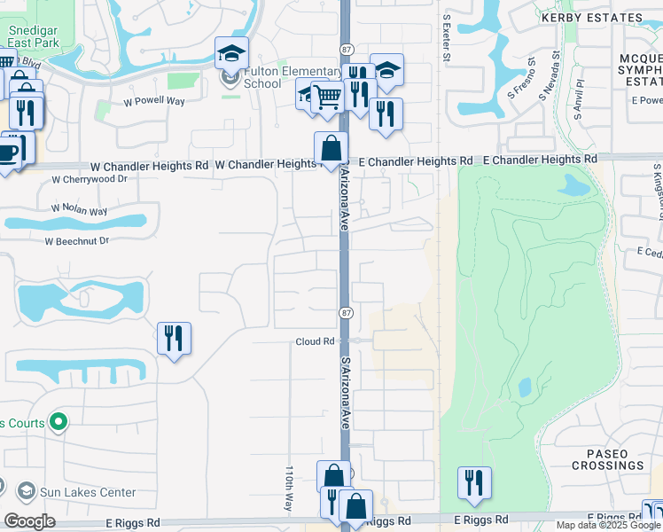 map of restaurants, bars, coffee shops, grocery stores, and more near 42 West Cedar Drive in Chandler