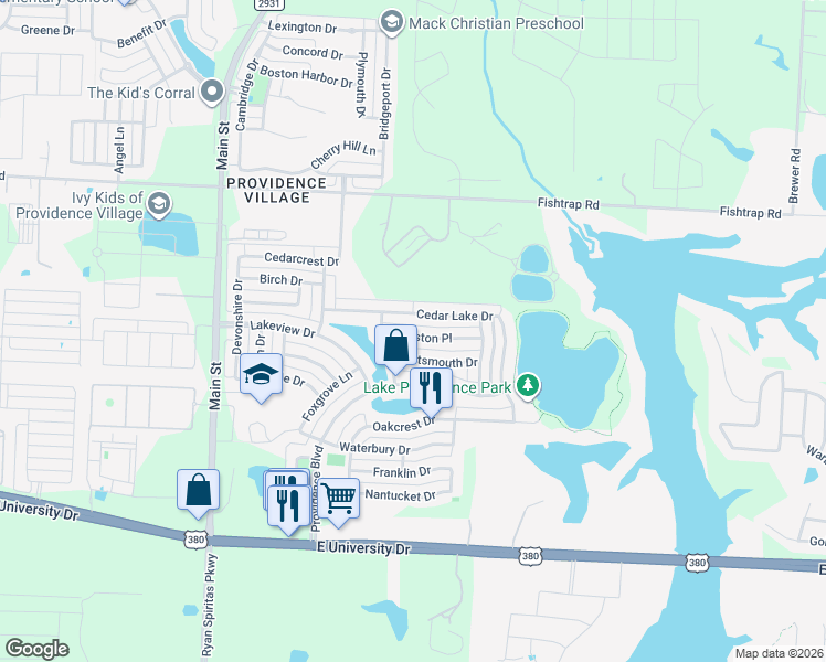 map of restaurants, bars, coffee shops, grocery stores, and more near 1331 Kingston Place in Aubrey