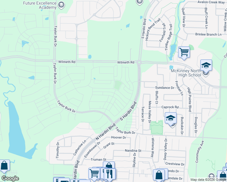 map of restaurants, bars, coffee shops, grocery stores, and more near 2901 Hardin Boulevard in McKinney